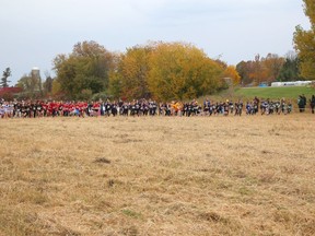 Approximately 180 Grade 5 girls starting their 2.25km race at the 2022 Renfrew County Elementary Cross-Country Championships.