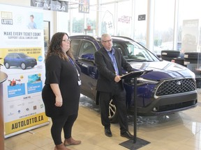 The Pembroke Regional Hospital Foundation's 2022 Auto Lotto Lottery official launch, conducted by Roger Martin (right), PRHF executive director, and Leigh Costello, PRHF community fundraising specialist, took place at Petawawa Toyota on Oct. 25. The grand prize draw in the lottery is for a brand new 2022 Toyota Corolla Cross SUV AWD XLE (pictured). Anthony Dixon