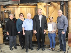 Gathering for the Ontario Trillium Foundation Grant acknowledgement at The Grind in Pembroke was, from left, Judy Cote, board member, Corie Kranz, board member, Deacon Dan Daley, board treasurer, Deacon Adrien Chaput, board chairman, Karishma Daya-Taylor, representing MPP John Yakabuski and the Ontario Trillium Foundation, and Jerry Novack, executive director of The Grind. The Grind received $149,500 to help complete renovations and upgrades at their new home in the former Pembroke fire hall. Anthony Dixon