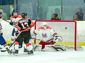 MILLER TIME Soo Thunderbirds goalie Landon Miller, in action during a recent Northern Ontario Jr. Hockey League win over the Hearst Lumberjacks. NOJHL.com
