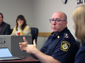 Derek Davis, Sarnia's police chief, addresses the police services board during Tuesday night's meeting at headquarters.  (Terry Bridge/Sarnia Observer)