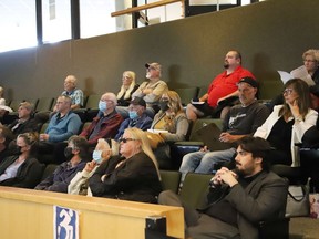 A crowd looks on at a planning meeting at Tom Davies Square in Sudbury, Ont. on Monday October 3, 2022. Greater Sudbury's planning committee was hearing a rezoning application for 95 Estelle St. that has received plenty of opposition. John Lappa/Sudbury Star/Postmedia Network