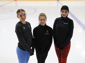 Mikayla Fabbro, left, Mackenzie Roy and Maya Najem, of the Sudbury Skating Club. John Lappa/Sudbury Star/Postmedia Network