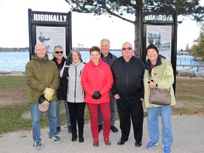 Members of Heritage St. Clair and the St. Clair River Trail committee were joined by members of St. Clair Township council on Oct. 15 for the dedication of a three-panel storyboard honouring the life of legendary Courtright magician Stewart James. From left to right: Heritage St. Clair's Dave Taylor, Paul Smith and Jan Smith, St. Clair Township Coun. Tracy Kingston, Heritage St. Clair chair Dave Pattenden, St. Clair Township Deputy Mayor Steve Miller and St. Clair River Trail committee's Jane Marsh.
Carl Hnatyshyn/Sarnia This Week