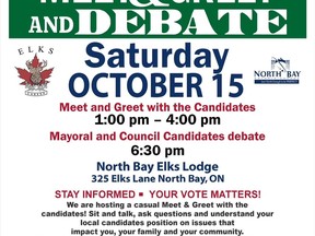 A Candidate Meet and Greet and Debate takes place Saturday from 1 to 4 p.m.  with the debate starting at 6:30 p.m.
Mayoral and council candidates will have a chance to debate various topics at the North Bay Elks Lodge.