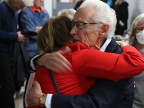 Meaford Mayor-Elect Ross Kentner hugs Deputy Mayor Shirley Keaveney shortly after the election results were announced inside the Meaford and St. Vincent Community Centre on Monday, Oct. 24, 2022. Greg Cowan/The Sun Times
