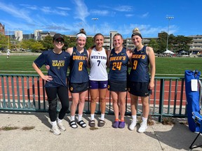 From left to right, Former Owen Sound North Stars field lacrosse players Kenna McKee, Tara Meikle, Reese Wilkins, Jordan Kosempel, and Kennedy Coghlin, will feature at this year's Ontario University Athletics women's field lacrosse championship at the University of Toronto. Photo supplied.