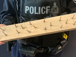 A Saugeen Shores Police Service officer holds the wood board protruding with nails a young girl stepped on as it was hidden in a sandy area along a travelled area near the main beach in Port Elgin earlier this month. Police are investigating. Photo supplied