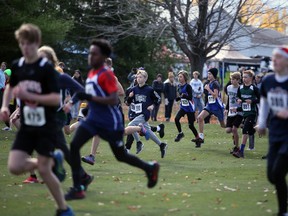 The novice boys race begins at the Central Western Ontario Secondary Schools Association (CWOSSA) cross country championships Thursday morning at the Ainsdale Golf Course in Kincardine. Greg Cowan/The Sun Times