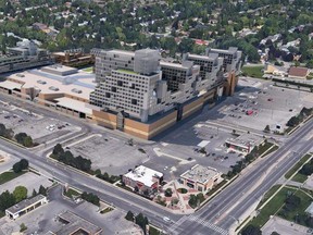 An artist's drawing shows a bird's-eye view, looking northwest, of the $556-million, six-tower development proposed for Westmount Common, now the site of the Westmount Shopping Centre. (Supplied)