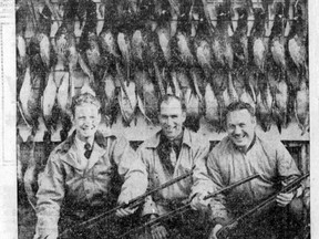 Hunters (l-r) James Mulcahy, Joe Dory and Harry Morton, pictured in the Calgary Herald in 1950, died in a plane crash near Whitecourt that year.