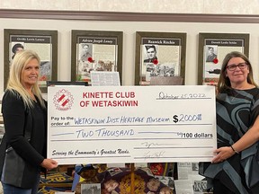 Kinette Club of Wetaskiwin president Lynn Croft presents Wetaskiwin District Heritage Museum Centre executive director and chief curator Karen Aberle with a $2,000 donation.