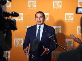 NDP Leader Wab Kinew discusses Budget 2022 at the Manitoba Legislative Building in Winnipeg on Tues., April 12, 2022.