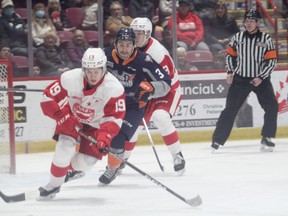 Soo Greyhounds forward Chris Brown in first-period OHL action at the GFL Memorial Gardens. The Hounds lost their fourth consecutive game, the most recent a 2-1 setback to the Flint Firebirds on Wednesday night.