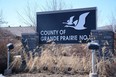 A sign outside the County of Grande Prairie administration office in Clairmont.