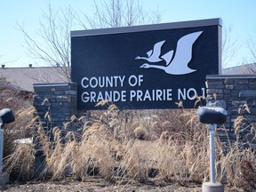A sign outside the County of Grande Prairie administration office in Clairmont. Peter Shokeir/Daily Herald-Tribune