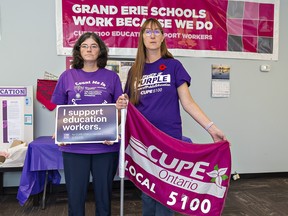 Robin Sweers (left),strike committee communications chair, and Sarah Kuva, president of CUPE Local 5100 representing more than 900 education workers at the Grand Erie District School Board are disheartened by the provincial government’s move to enact legislation banning a strike and imposing a concessionary contract.