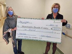 Carol Sheppard (left) has donated $10,000 to the chemotherapy unit in the newly renovated Mindemoya Emergency Department in honour of her late husband, Ron. Accepting the donation is Paula Fields, president and CEO of Manitoulin Health Centre. Supplied