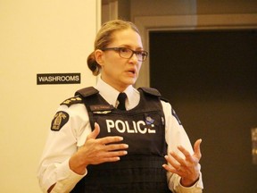 During the Thursday, Oct. 27 RCMP and Enforcement Services town hall hosted at the Ardrossan Memorial Hall, Strathcona County RCMP Supt. Dale Kendall underlined the importance of residents and businesses reporting crimes whenever they occur. Lindsay Morey/News Staff