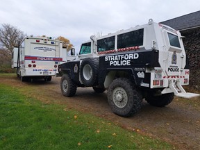The Stratford Police Service deployed its light armored vehicle with members of its emergency response team to a home on St. David Street in Stratford Tuesday afternoon after receiving information that illegal weapons were inside.  Pictured, the light armored vehicle is seen in this Twitter photo during a recent training exercise in St. Marys.  (Stratford Police Service Twitter photo)