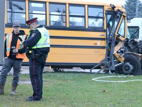 School bus involved in collision in front of No. 2 fire hall on Second Line West on Tuesday, Nov. 1, 2022 in Sault Ste. Marie, Ont. (BRIAN KELLY/THE SAULT STAR/POSTMEDIA NETWORK)