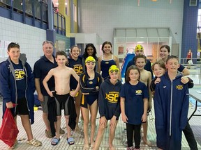 A few of the 30 Sudbury Laurentian Swim Club members who travelled to the NEOR No. 1 meet in Sault Ste. Marie last weekend post for a photo at John Rhodes Community Centre.