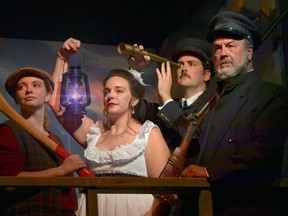 The St. Marys Community Players will present Canadian playwright Peter Colley’s comedy thriller, The Ghost Island Light, from Nov. 17-27 at the St. Marys Town Hall Theatre. Pictured from left are actors Georgia Peacock (Erin Ward), Erin McArthur (Rowena Tollifsen), Ryan Stewart (Brandon Aynesworth III) and Gregory George (Josiah Tollifsen). Photo by Ross Davidson