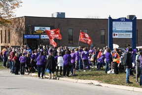 Large crowds of Canadian Union of Public Employees from the Chatham area and their supporters picked outside Chatham-Kent–Leamington MPP Trevor Jones' office on Riverview Drive in Chatham Nov. 4, 2022. The Progressive Conservative government passed a bill invoking the notwithstanding clause to prevent school support staff from striking, but CUPE went ahead with the strike anyway.  (Tom Morrison/Postmedia Network)