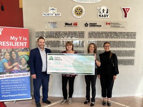 Caisse Alliance in North Bay donated $10,000 to the My Y is Resilient Campaign. The My Y is Resilient Campaign goal's is to raise $2 million in North Bay and Sudbury. From left to right; Mathieu Shank, Regional Manager at Caisse Alliance, Fernande St-Amour, Wealth Management Advisor at Caisse Alliance, Judith Veldhuis, Administrative 
Assistant at Caisse Alliance and Nicole Beattie, Vice President of Philanthropy, Marketing and Communications at the YMCA of Northeastern Ontario.