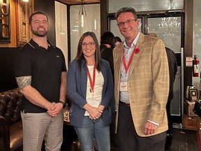 Anthony Daniels (left), Chief Executive of the Greater Sudbury Chamber of Commerce; Josee Pharand, Business Development Officer, Entrepreneurship, for the City of Greater Sudbury Economic Development Office; and Mark Sherry, Founder and President of One Red Maple celebrate the launch of One Red Maple at the Alibi Room in Sudbury. delivered