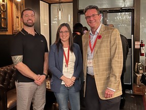 Anthony Davis (left), chairman of the board for the Greater Sudbury Chamber of Commerce; Josee Pharand, business development officer, entrepreneurship, for the Economic Development office of the City of Greater Sudbury; and Mark Sherry, founder and president of One Red Maple, celebrate the One Red Maple launch at the Alibi Room in Sudbury. Supplied