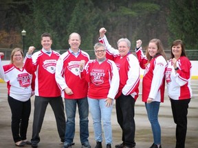 Members of the Owen Sound's Scotiabank Hockey Day in Canada Committee at the Good Cheer Rink in Harrison Park, where Sportsnet's live national broadcast will take place. Pictured from left: Jen Wright, City of Owen Sound Events & Activation Coordinator; Paul McGrath, City of Owen Sound Manager for Community and Business Development; Jim McManaman, Co-Chair of the Local Organizing Committee; Denise Reid, Co-Chair of the Local Organizing Committee; Fred Wallace, Co-Chair of the Local Organizing Committee; Maggie Tieman, Manager, Corporate Communications (acting), Corporate Affairs, Bruce Power; Rhonda White, Branch Manager and Mutual Funds Representative, Scotiabank