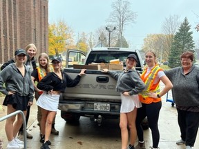Central Huron Secondary School led a community-wide food drive on Oct. 28 for Clinton's Friends of the Community Food Bank. From left with some of the donations are students Maranda MacDonald, Erica Maloney, Savannah Rutledge, Paisley Gerrits, Layne McGregor, Lizzie Peterson and food bank director Betty Cameron. Handout