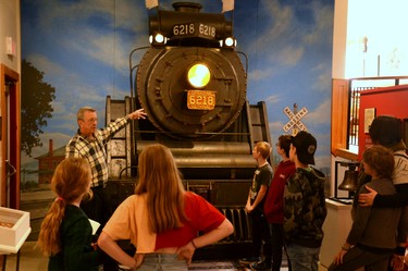 Stratford-Perth Museum volunteer Brian Crockatt teaches Milverton Public School grade 6 students about how the construction of the railway opened up Perth County to the rest of the country and allowed local industry to prosper. Galen Simmons/The Beacon Herald/Postmedia Network