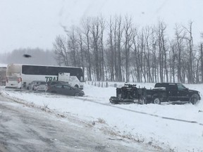 Other vehicles slammed into the Crusaders’ bus on Saturday after it had managed to avoid several collisions and settle in the ditch. Photo courtesy of Christine Farkas/Twitter@christinefarkas