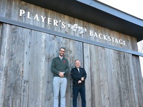 Perth-Wellington MPP Matthew Rae joined Stratford-Perth Museum general manager John Kastner at the museum's Player's Backstage outdoor theatre Wednesday evening to celebrate a nearly $50,000 Ontario Trillium Foundation grant that helped the museum bring back visitors after the lifting of pandemic restrictions earlier this year. (Galen Simmons/The Beacon Herald)