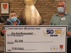 Joy-Anne Beausoleil receives a cheque for $2,230 from Roger Leveille, administrator with the St. Joseph’s Foundation.
