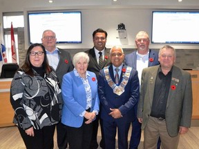 Outgoing Grey County councillors include: back row, from left, Blue Mountains Mayor Alar Soever, Grey Highlands Deputy-mayor Aakash Desai, and Owen Sound Deputy-mayor Brian O’Leary. Front row, from left, West Grey Mayor Christine Robinson, Meaford Mayor Barb Clumpus, Hanover Deputy-mayor and Grey County Warden Selwyn Hicks, and Chatsworth Deputy-mayor Brian Gamble. Absent was Southgate Mayor John Woodbury and Georgian Bluffs Mayor Dwight Burley.