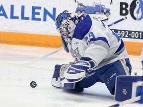 Sudbury Wolves goaltender Joe Ranger makes a save during OHL action against the Guelph Storm at Sudbury Community Arena on Friday, November 11. 2022.