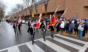 The Color Guard leads the Remembrance Day Parade in downtown Chatham on Friday.  PHOTO Ellwood Shreve/Chatham Daily News