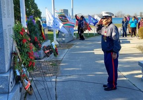 Vietnam War veteran Ken Soney laid a wreath in honor of Vietnam War veterans during a Remembrance Day ceremony held on Walpole Island First Nation Thursday.  (Ellwood Shreve/Chatham Daily News)
