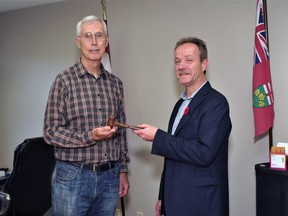 The Armour town council gavel now belongs to incoming Mayor Rod Ward, right. Retiring mayor Bob MacPhail handed the gavel to Ward who will be sworn in as the Townships's new Mayor later this month.