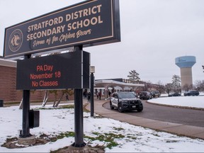 Stratford police responded to “a possible weapons” call at Stratford District secondary school on Monday, following up on reports of online threats allegedly made by a male student over the weekend. Chris MontaniniStratford Beacon Herald