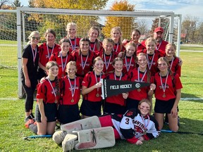 The South Huron District High School Varsity Girls Field Hockey team are Huron-Perth champions for the second year in a row. The team defeated St. Marys 1-0 in a shootout in the championship game on Tues., Oct. 25. Lying down is Emily Smale, while front from left are Natalie Stanlake, Rachel Gingerich, Karlee Thompson, Abby Horton, Hallie Oke and Chloe McCann; middle from left are Anne Simpson, Carlie Regier, Kyle Dalrymple, Bria McCann, Jessica Gorman and Madelyn Peeters; and back from left are coach Rosie Riddell, Aydin Dalrymple, Ryan Schepers, Devon Farquhar, Rhys Schepers, Laelah Thomas and coach Eric Chisholm