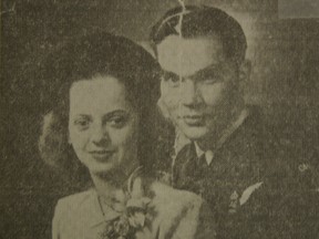 IMG_5152 – RCAF Flt. Sgt. Frederick Sutherland and Margaret Farnsworth Baker married in chapel of All Saints Cathedral, Edmonton, Jan. 5, 1944, almost immediately on Fred’s return from war in Europe. Following their marriage, the couple went to a homecoming in Peace River. They, eventually, moved to Rocky Mountain House where they lived for many years. Photograph first appeared in Jan. 8, 1944, Edmonton Journal, then Peace River Remembers, 1984.