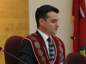 Mayor Matthew Shoemaker gives his inaugural address at his swearing in ceremony on Tues. Nov. 15, 2022.   ELAINE DELLA-MATTIA