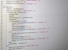 Python code, written by the Saunders High School team, to control their robot. (Mike Hensen / Postmedia Network)