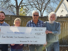 Members of Wildwood by the Lake made a $4,680 donation to Alzheimer Society of Chatham-Kent. Shown here are Brandon Ball, Alzheimer society CEO, and Wildwood park members Wendy Fields, Mike Fields and Bill Ure. (Handout/Postmedia Network)