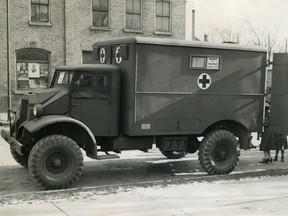 On Remembrance Day 1942, the Strathroy Lions presented a new field ambulance to the federal government.  It was large enough accommodate four wounded soldiers on stretchers that could be slid into a bunk-bed style frame, as well as two stretcher bearers, two drivers and countless emergency medical supplies. (Age, Nov. 19, 1972)