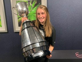 Sherwood Park’s Olivia Orman with the Grey Cup after joining the Winnipeg Blue Bombers as an athletic therapist straight out of college last year. Photo Supplied